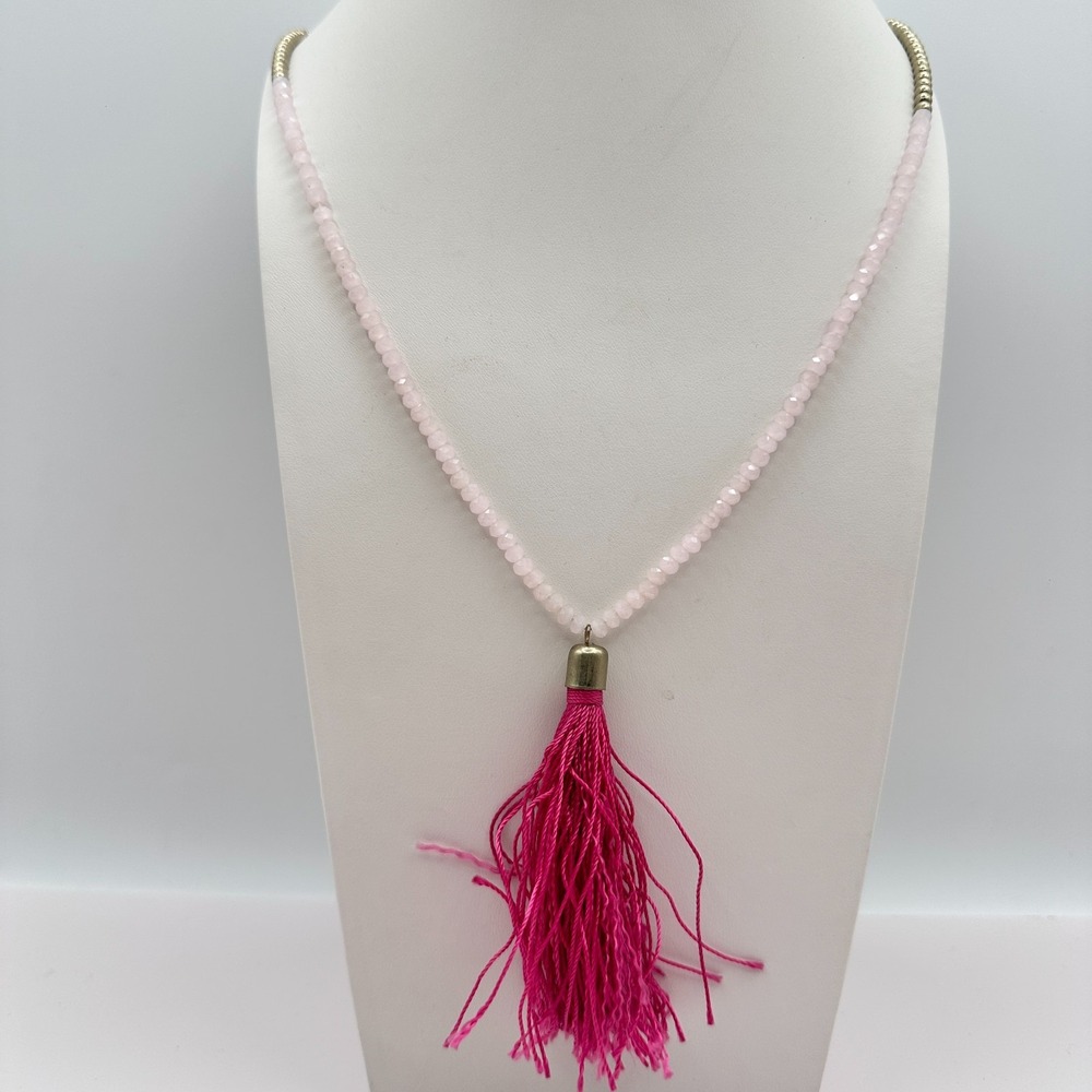 Vintage Y2K Pink Tassel Necklace Rose Quartz Boho Statement Jewelry
